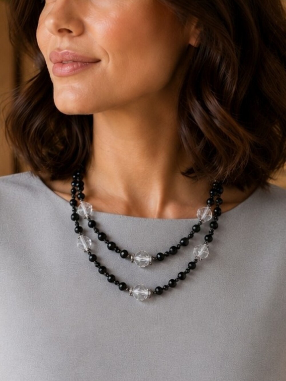 Trifari Crown Logo Glass Faceted Black and Clear Beads Dark Gunmetal Dual Strand